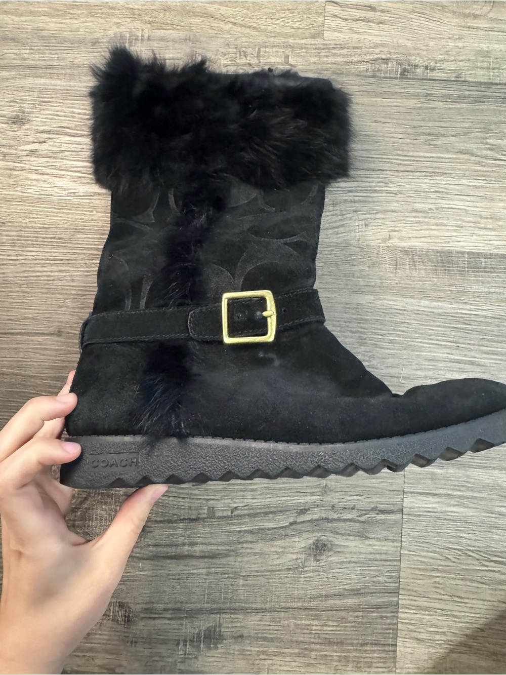 Coach Black Suede Shearling-Trim Mid-Calf Boots with Gold Buckle - Picture 2 of 6